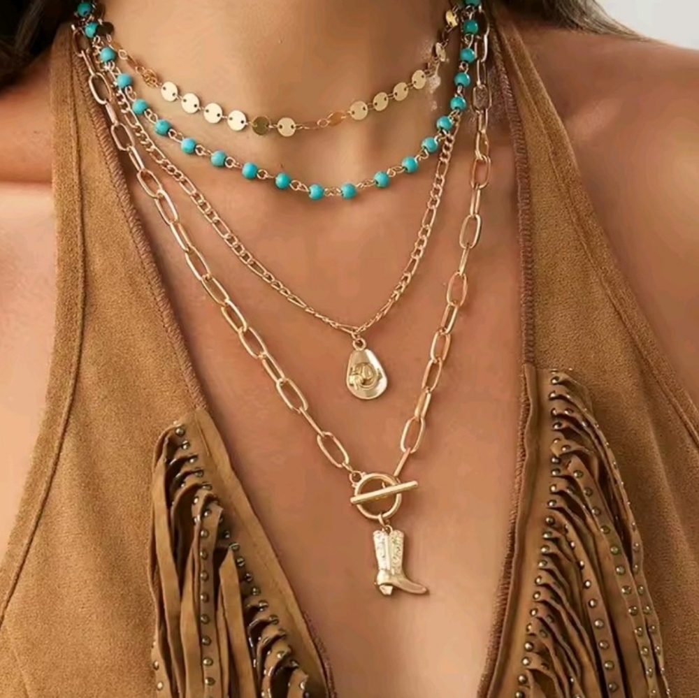 Gold Western Layered Necklace Set Cowboy Boot & Hat Charms Turquoise Beads - Picture 3 of 10